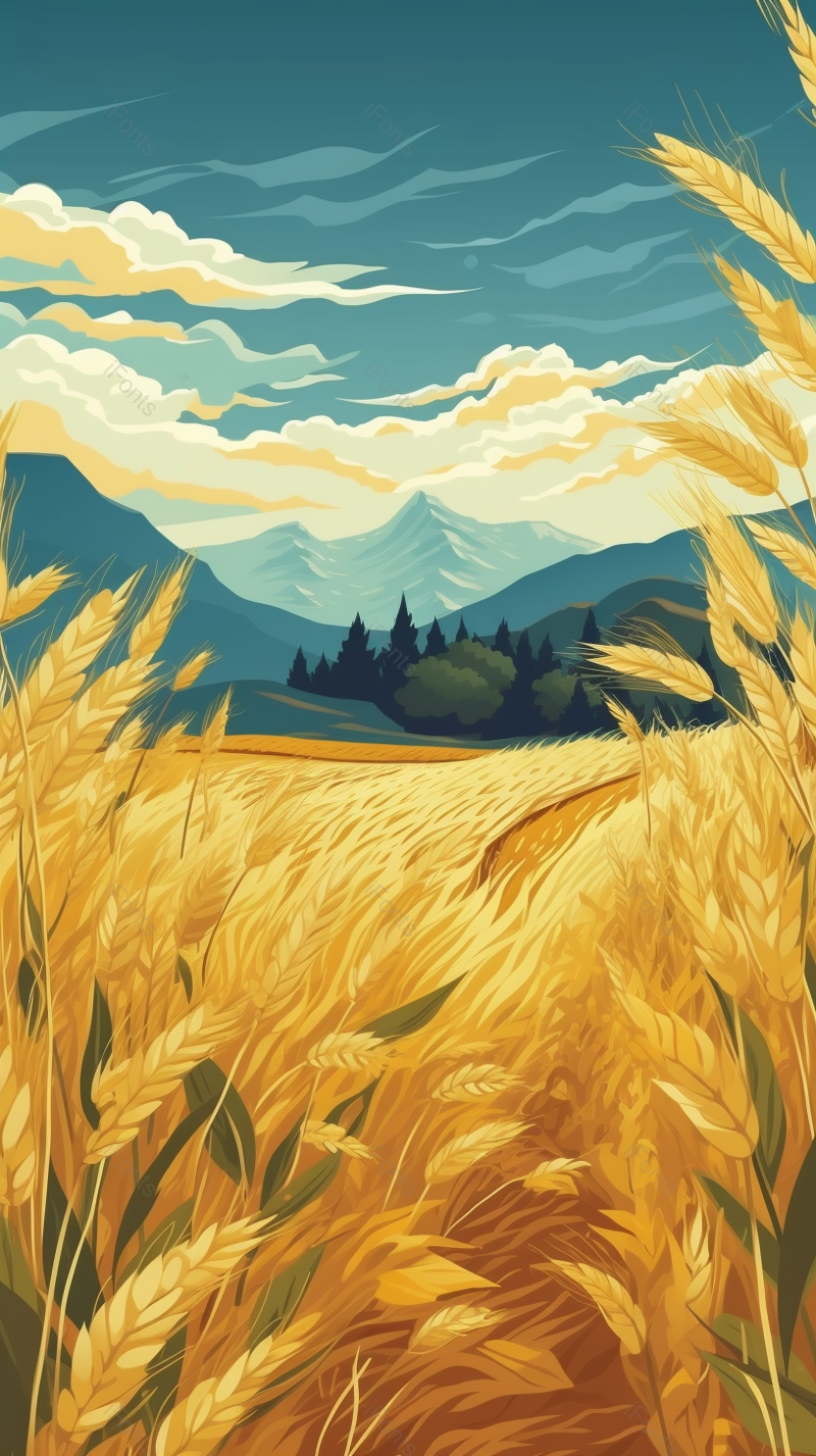 夏季芒种金色麦田插画农作物麦子背景蓝天白云群山背景,插画/手绘图,插画/手绘图库,插画/手绘图下载,插画/手绘